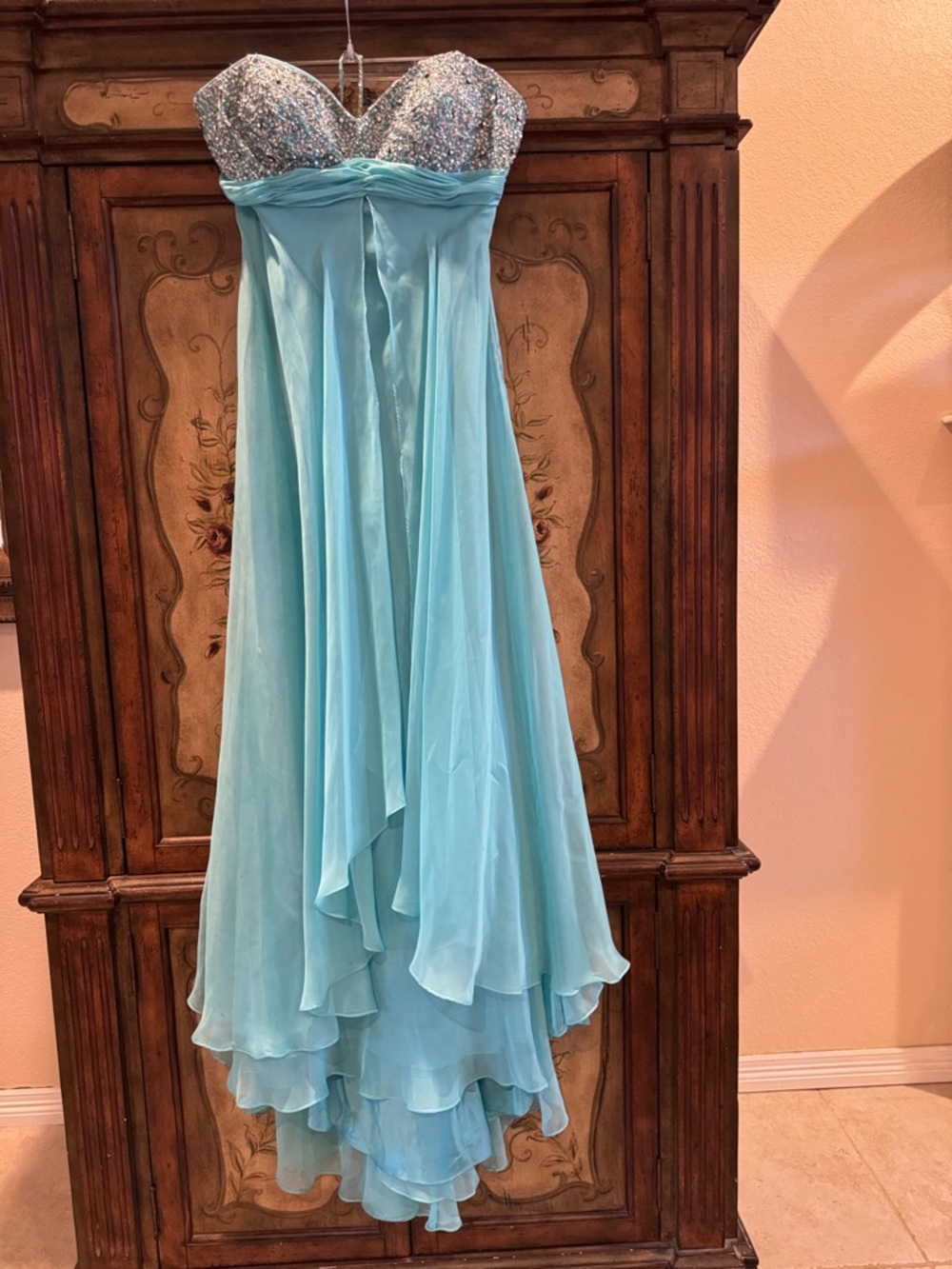 Mac Duggal Flash Aqua Blue Strapless Beaded Bodice Prom Dress